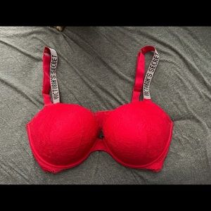 Victoria Secret Red Bling Rhinestone Lace Very Sexy Push Up Bra 38DD